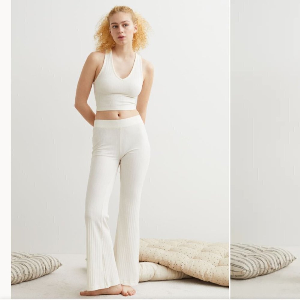 H&M Plus Size Ribbed Flare Off-white Wide Leg Yoga Lounge Pants Size 2XL